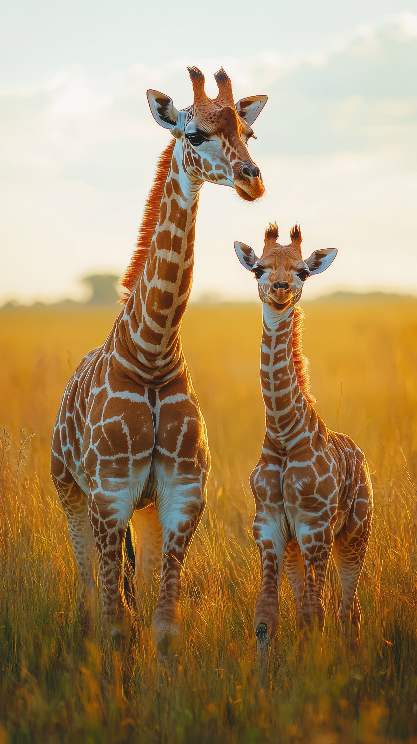 Mother giraffe and her calf walk together in golden grassland at sunset in Africa